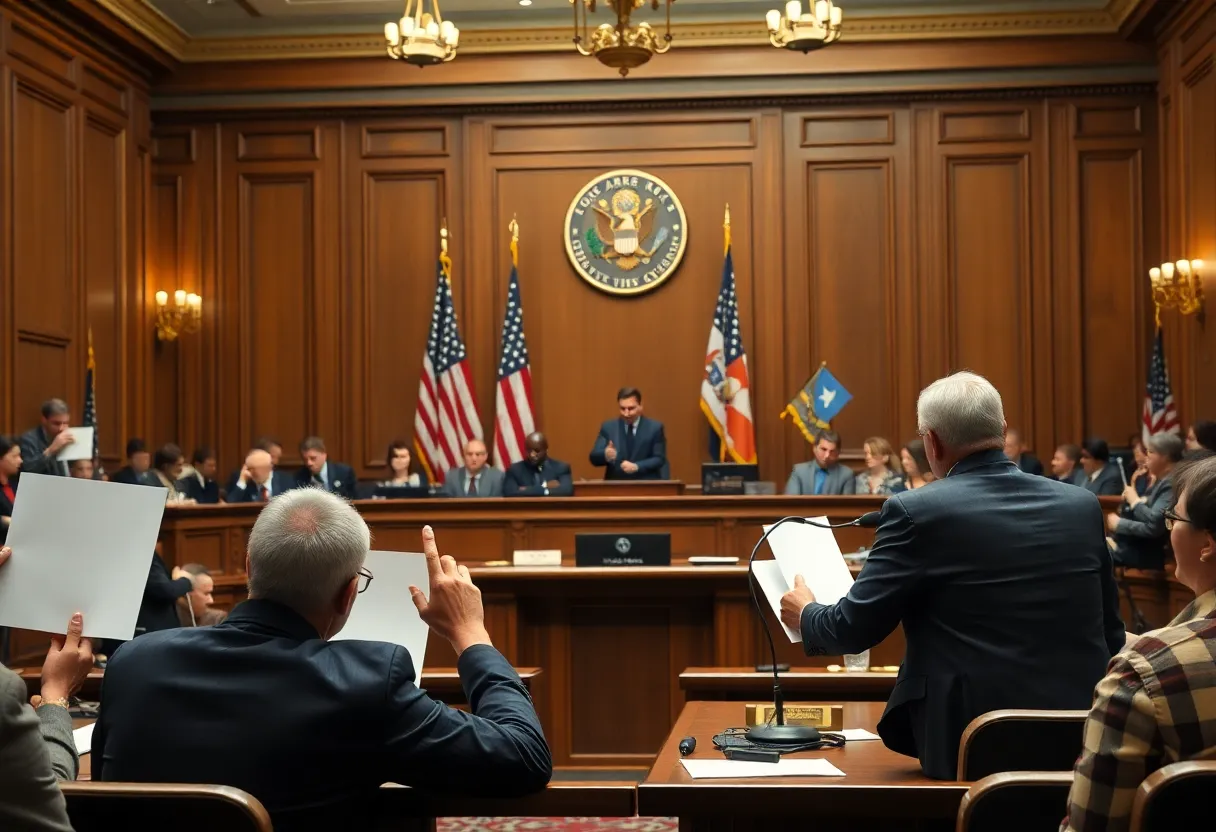 Courtroom scene illustrating a debate on voting regulations in America