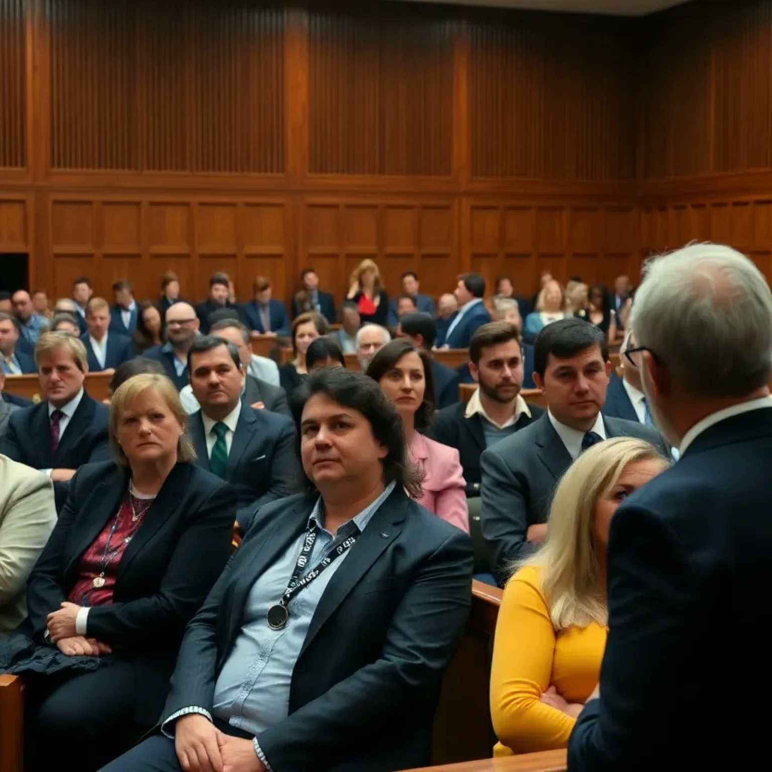 Tense courtroom during a harassment case involving a coach