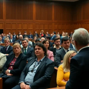 Tense courtroom during a harassment case involving a coach