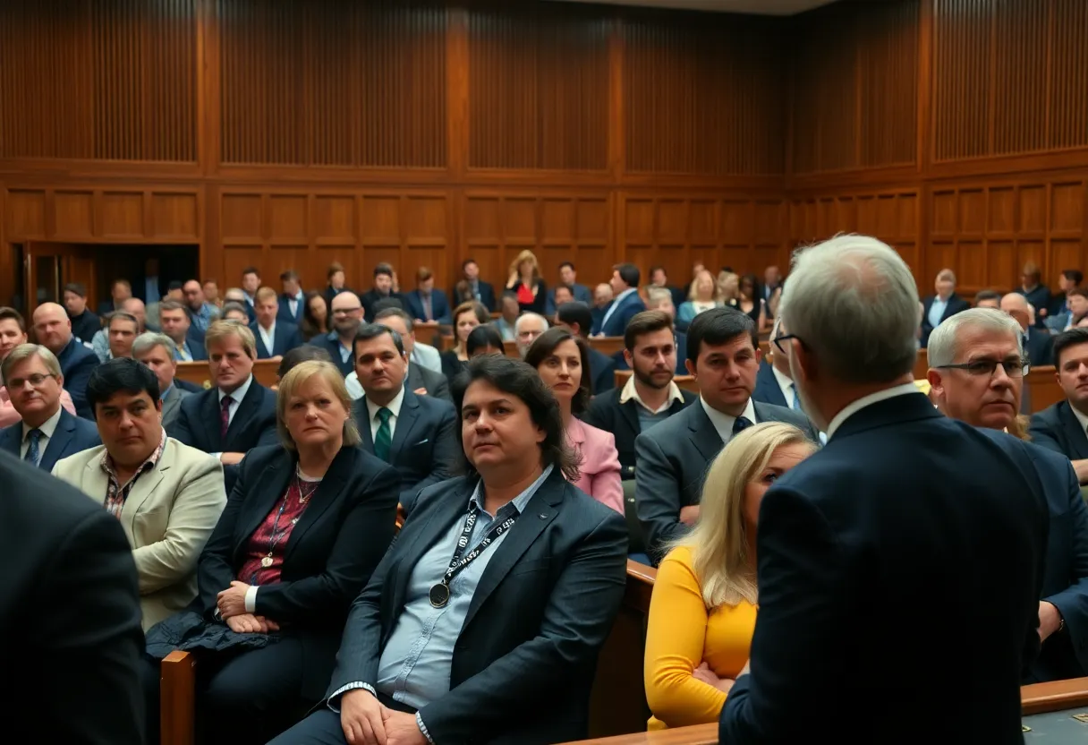 Tense courtroom during a harassment case involving a coach