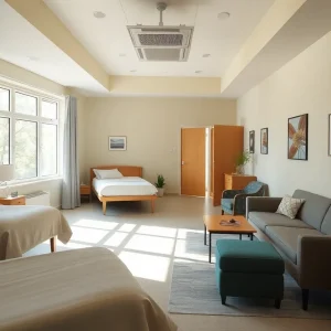 Interior of a mental health crisis stabilization unit with comfortable spaces.