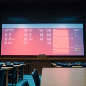 Representation of a digital justice system with electronic devices in a courtroom