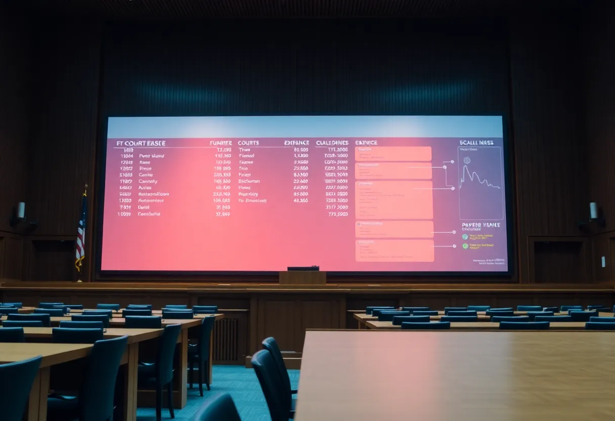 Representation of a digital justice system with electronic devices in a courtroom