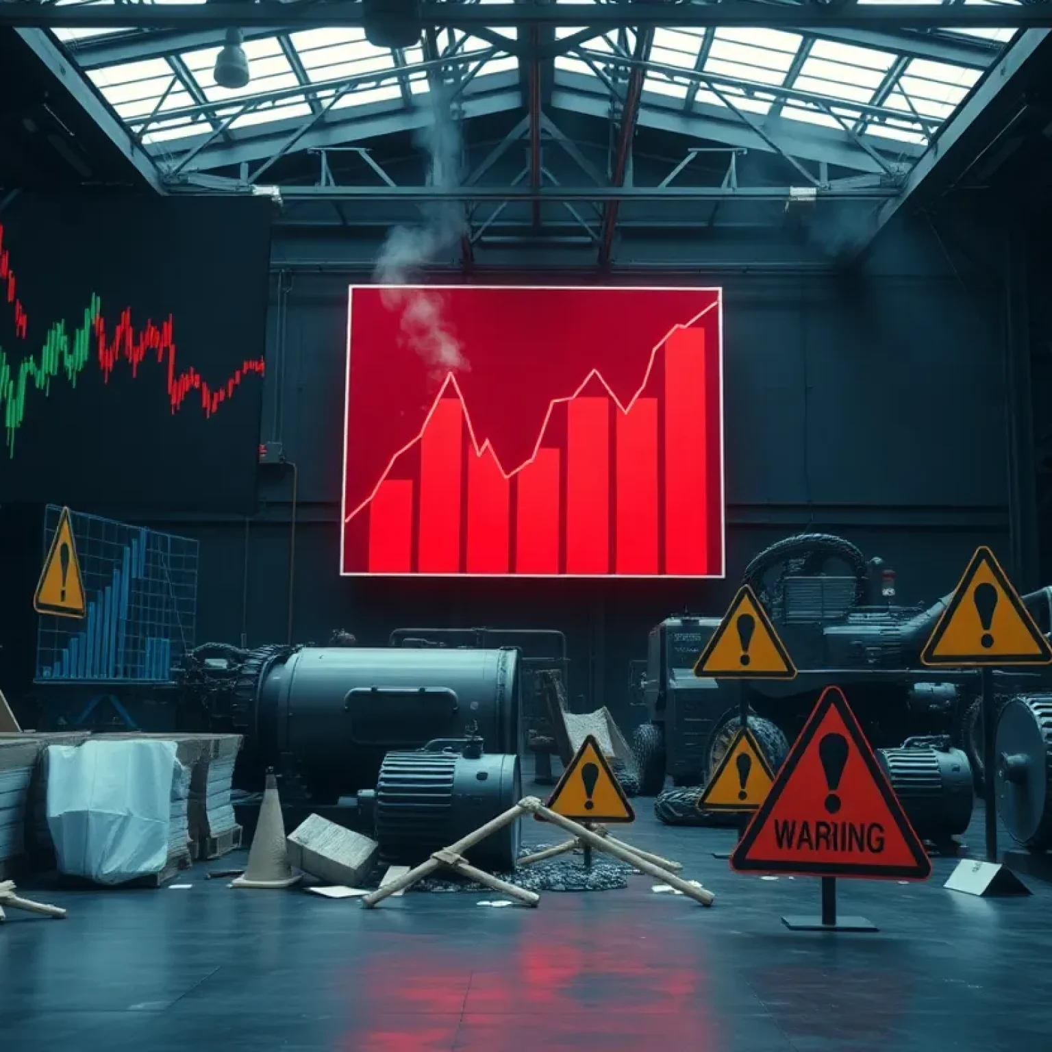 Visual representation of economic challenges with fluctuating graphs and warning signs