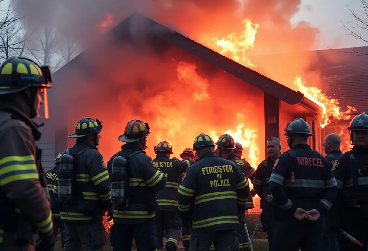 Police officers rescuing individuals from a burning home