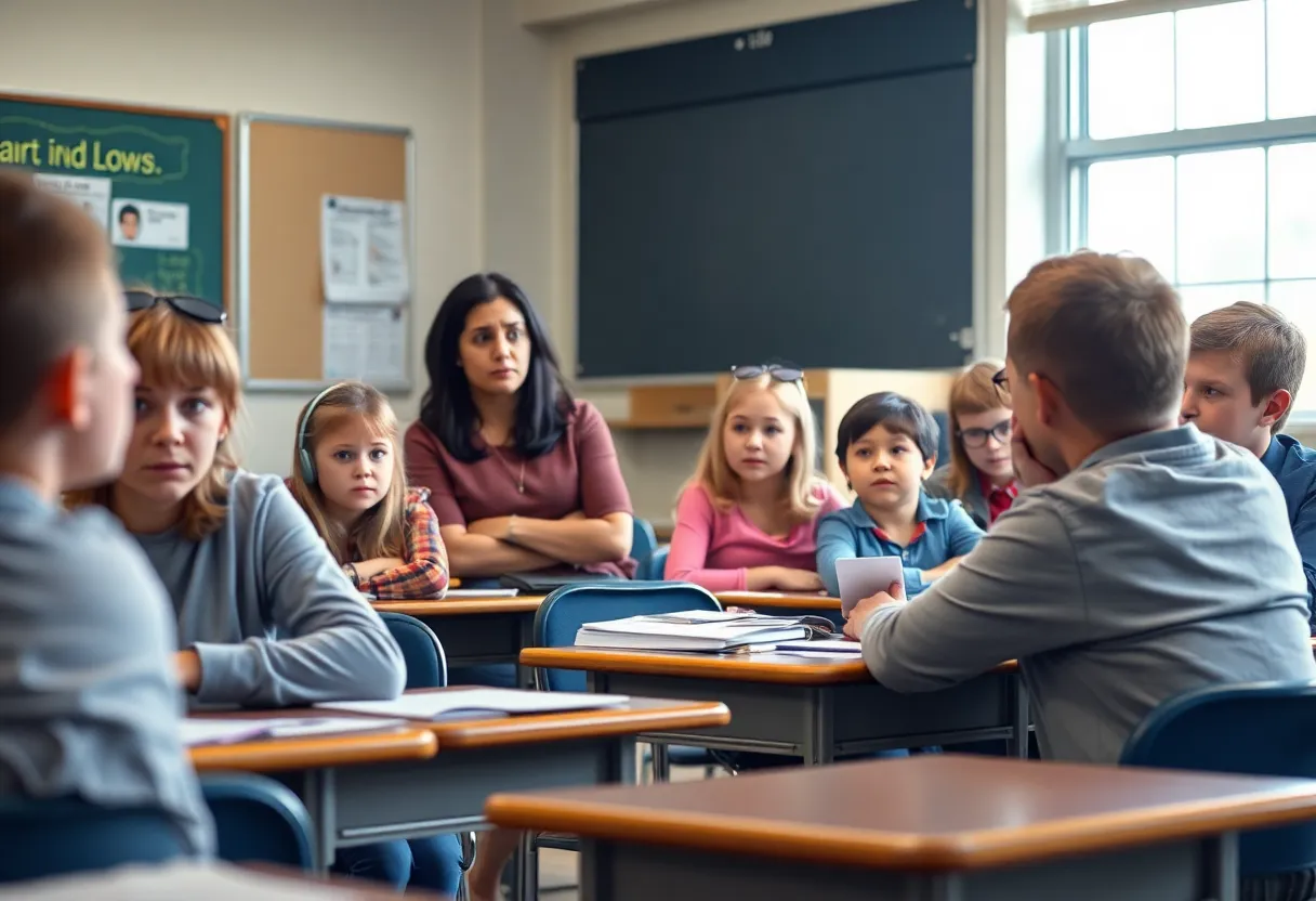 Classroom scene showing educators discussing budget challenges