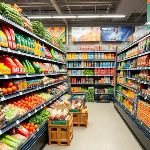 Grocery store aisle with unique food items for Gen Z shoppers.