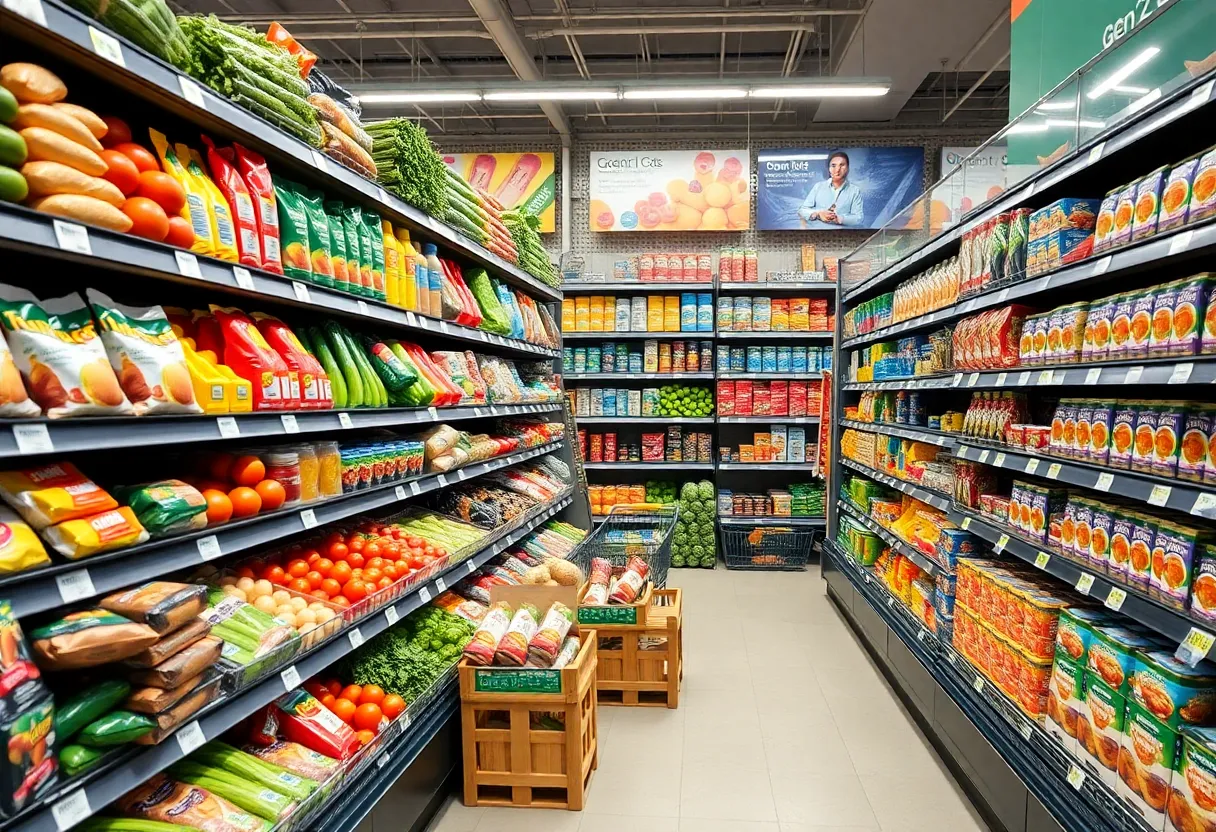 Grocery store aisle with unique food items for Gen Z shoppers.