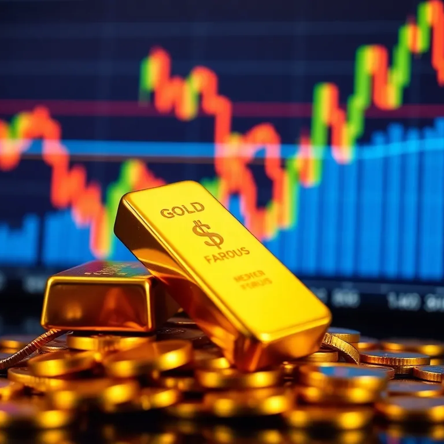 Gold bars with fluctuating market graphs in the background