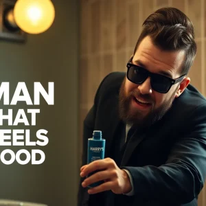 Promotional image for Harry's men's grooming campaign 'Man, That Feels Good'