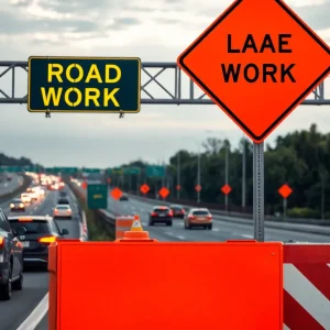 Construction sign indicating road work on I-696 in Oakland County.