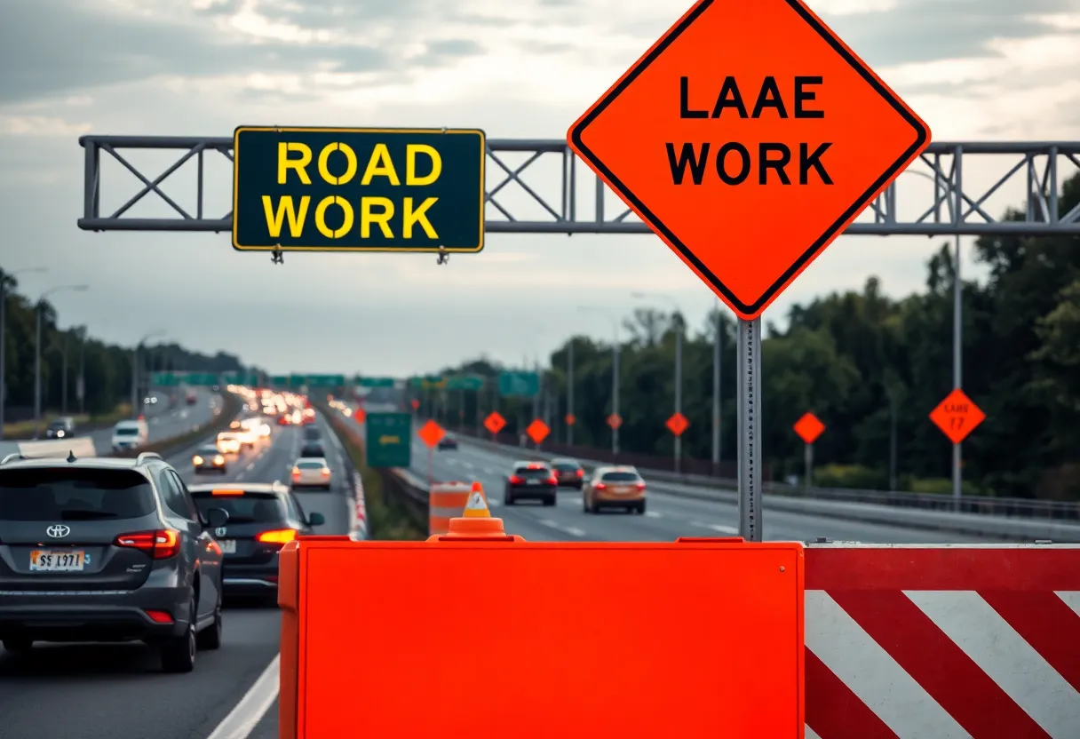 Construction sign indicating road work on I-696 in Oakland County.