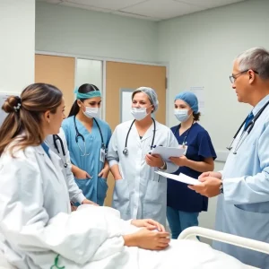 Healthcare professionals attending to patients in a hospital emergency room.