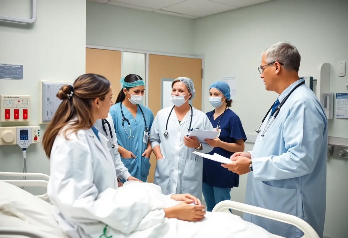 Healthcare professionals attending to patients in a hospital emergency room.