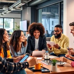 Marketers and influencers collaborating in a creative workspace
