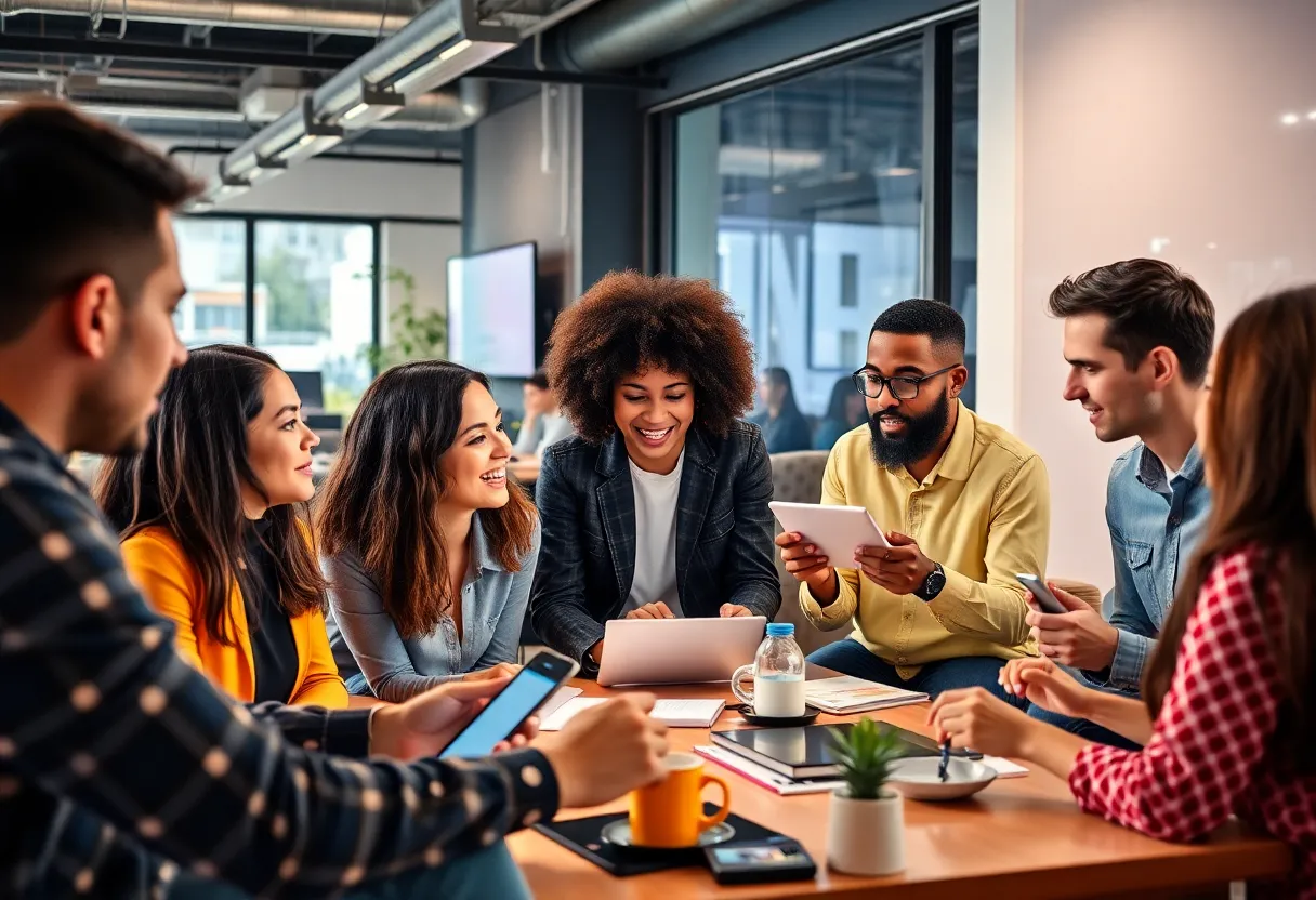 Marketers and influencers collaborating in a creative workspace
