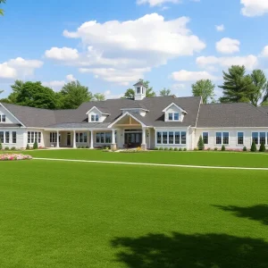 Front view of the Kalamazoo Country Club's modern clubhouse surrounded by green spaces
