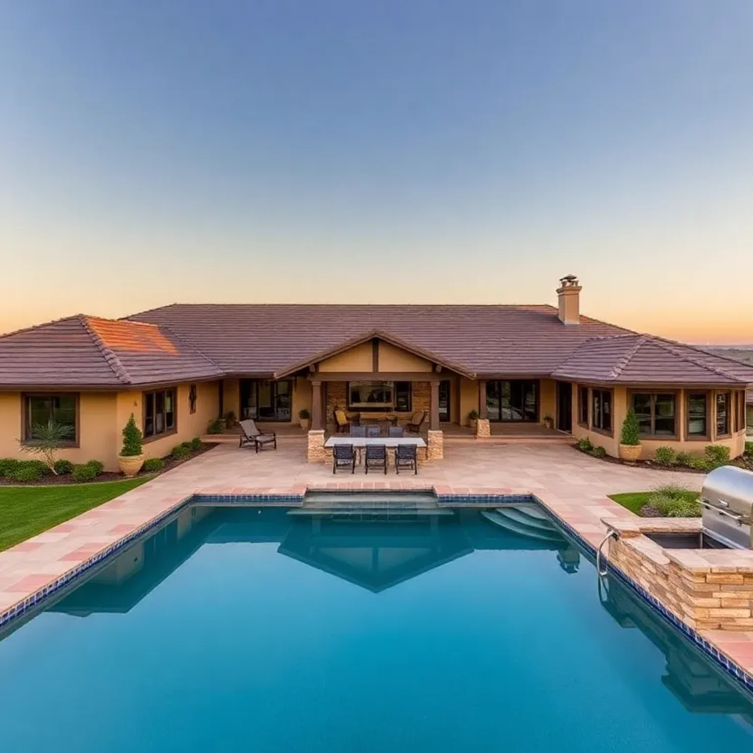Exterior view of a luxury ranch home in Grand Rapids surrounded by nature