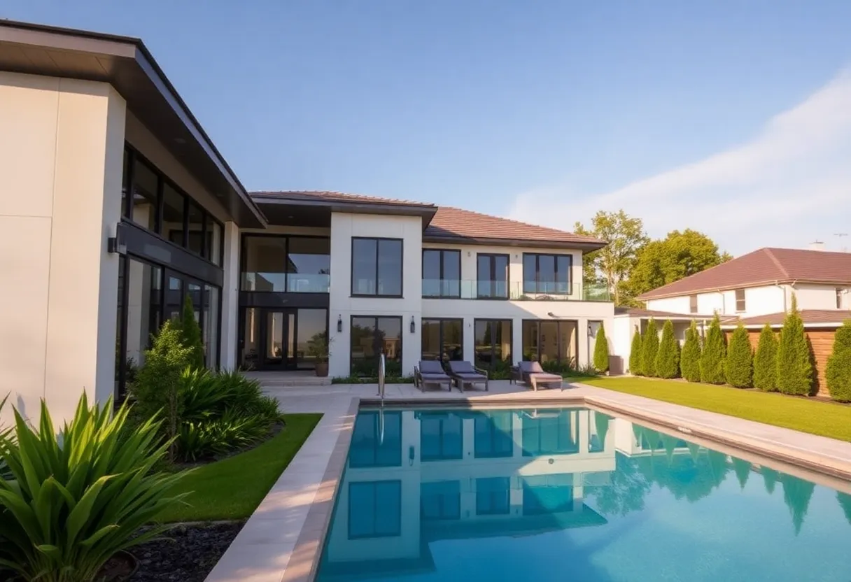 Exterior view of a luxurious renovated home with a landscaped garden and a pool in Grand Rapids