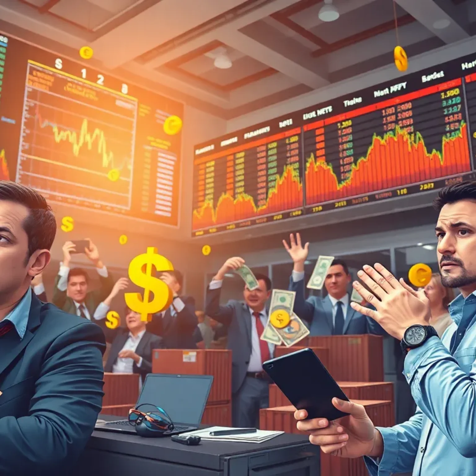 Financial market fluctuation illustrated with charts and symbols