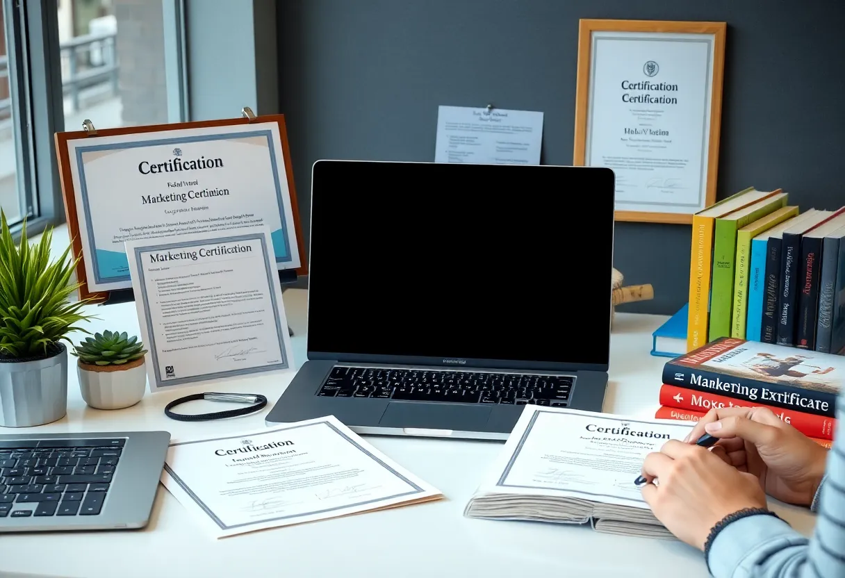 Workspace with marketing certification materials