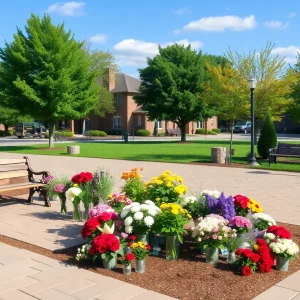 A peaceful memorial setup in a park honoring a retired police chief.