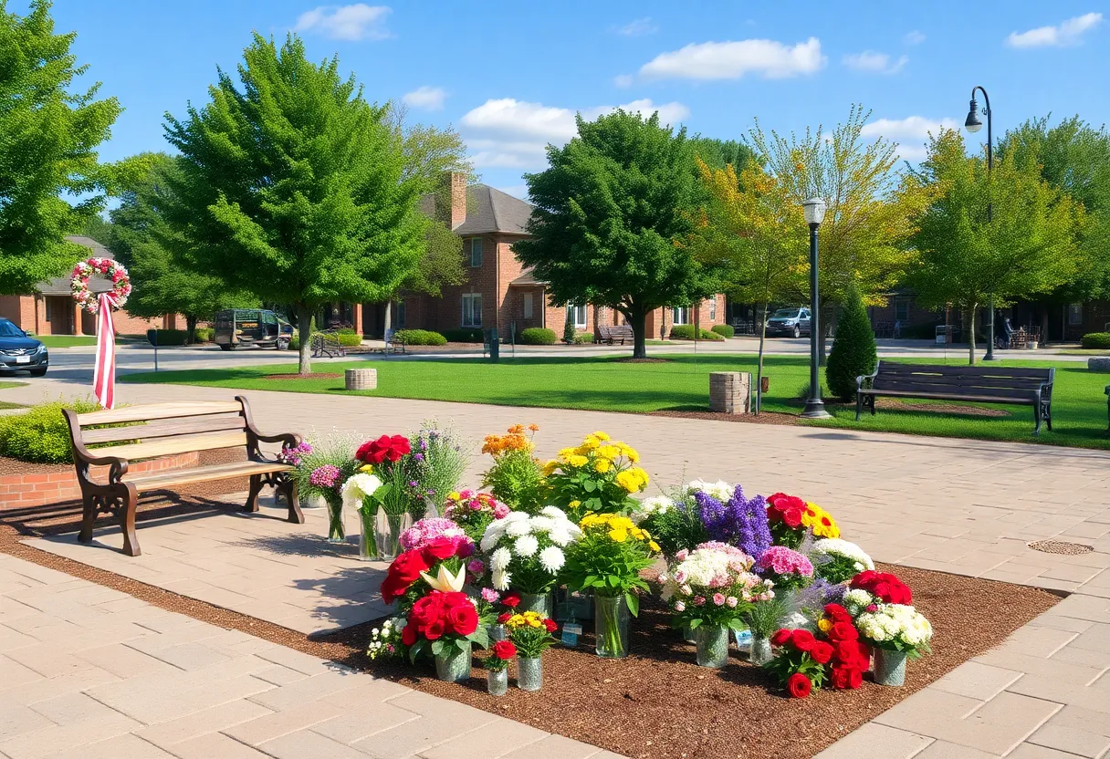 A peaceful memorial setup in a park honoring a retired police chief.