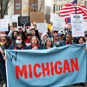 Crowd of protesters at the Hands Off! Day of Action in Michigan