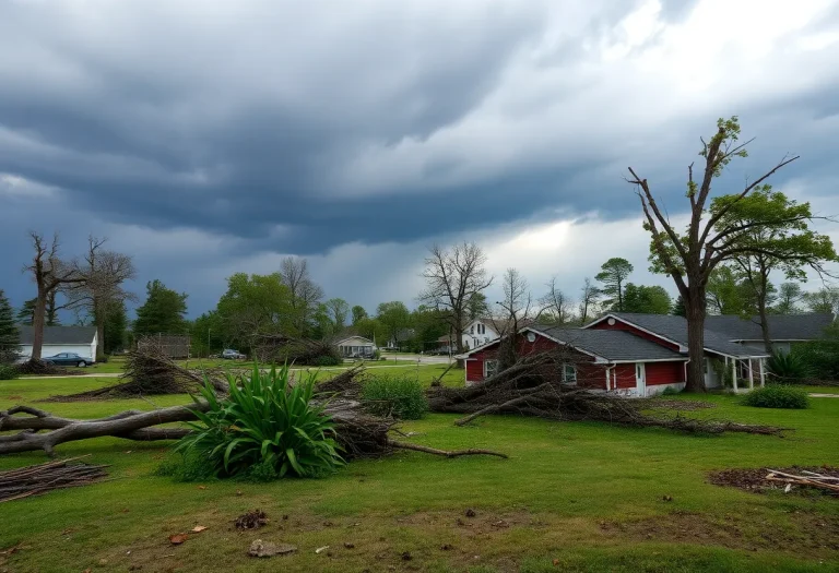 Aftermath of a tornado in Michigan, showing destruction and chaos