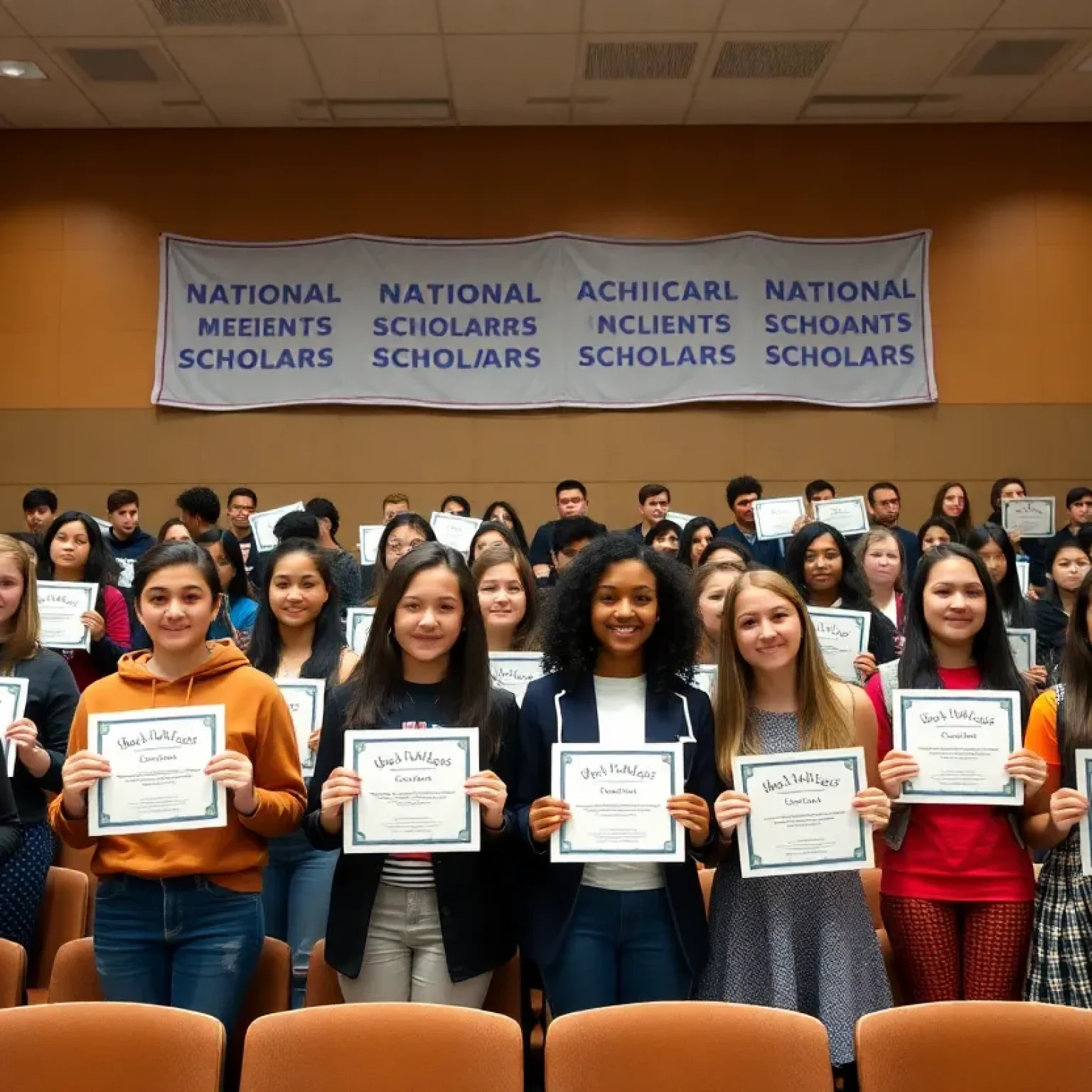 Diverse high school students celebrating their National Merit Scholarship awards
