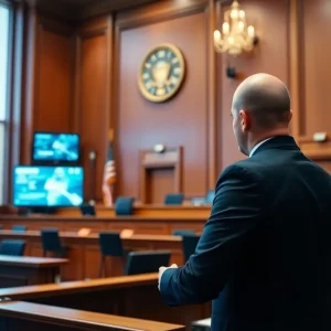 A modern courtroom with electronic systems reflecting tension in justice processes