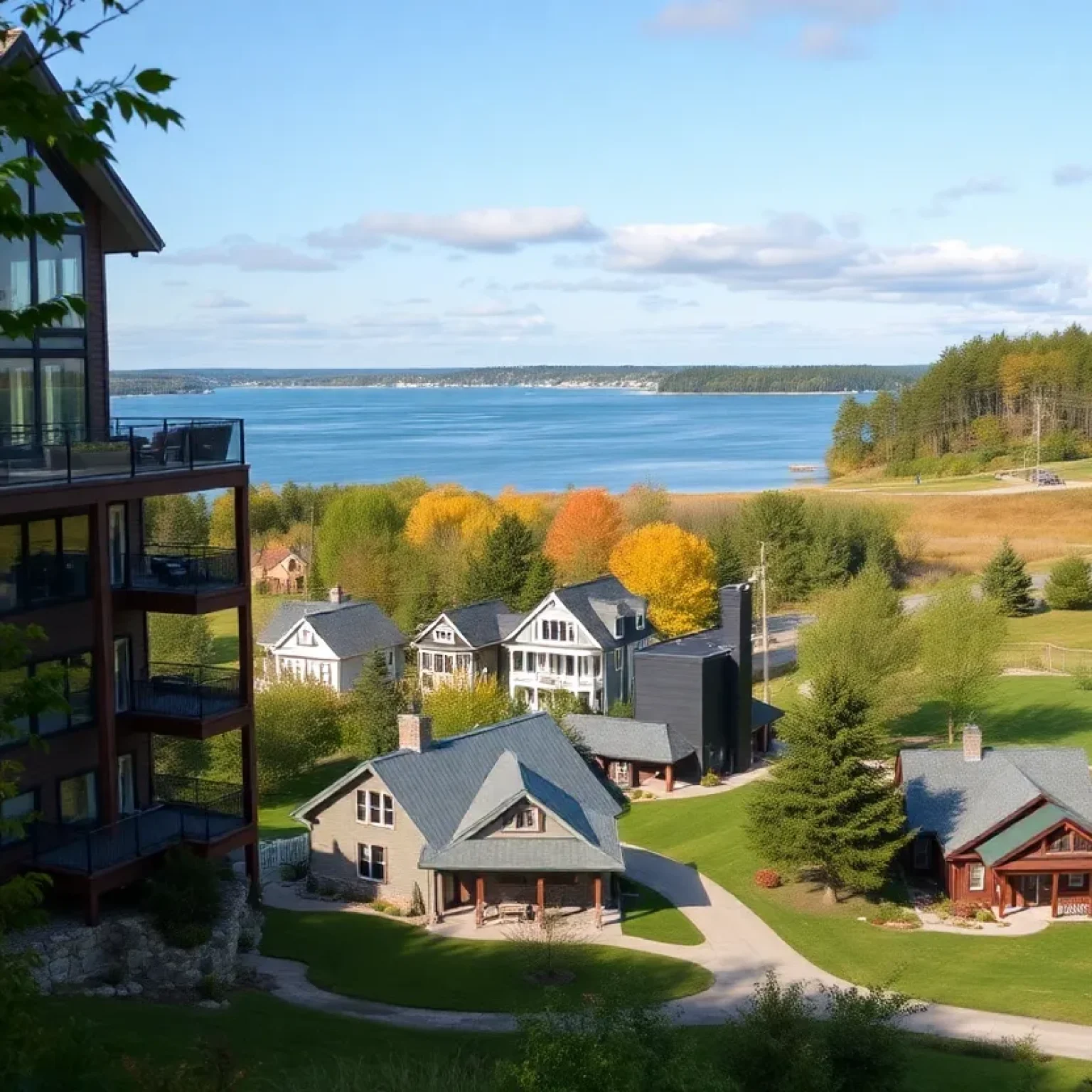 A montage of real estate options in Northern Michigan including condos, historic homes, and rural properties.