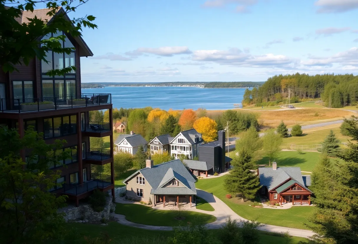 A montage of real estate options in Northern Michigan including condos, historic homes, and rural properties.