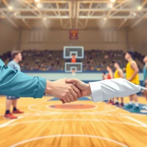 Basketball court handshake line depicting tension in sports