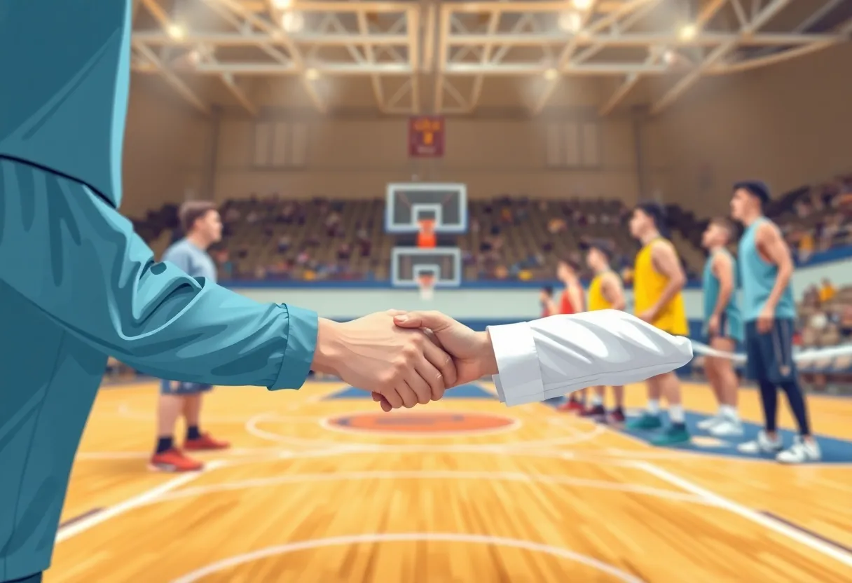 Basketball court handshake line depicting tension in sports