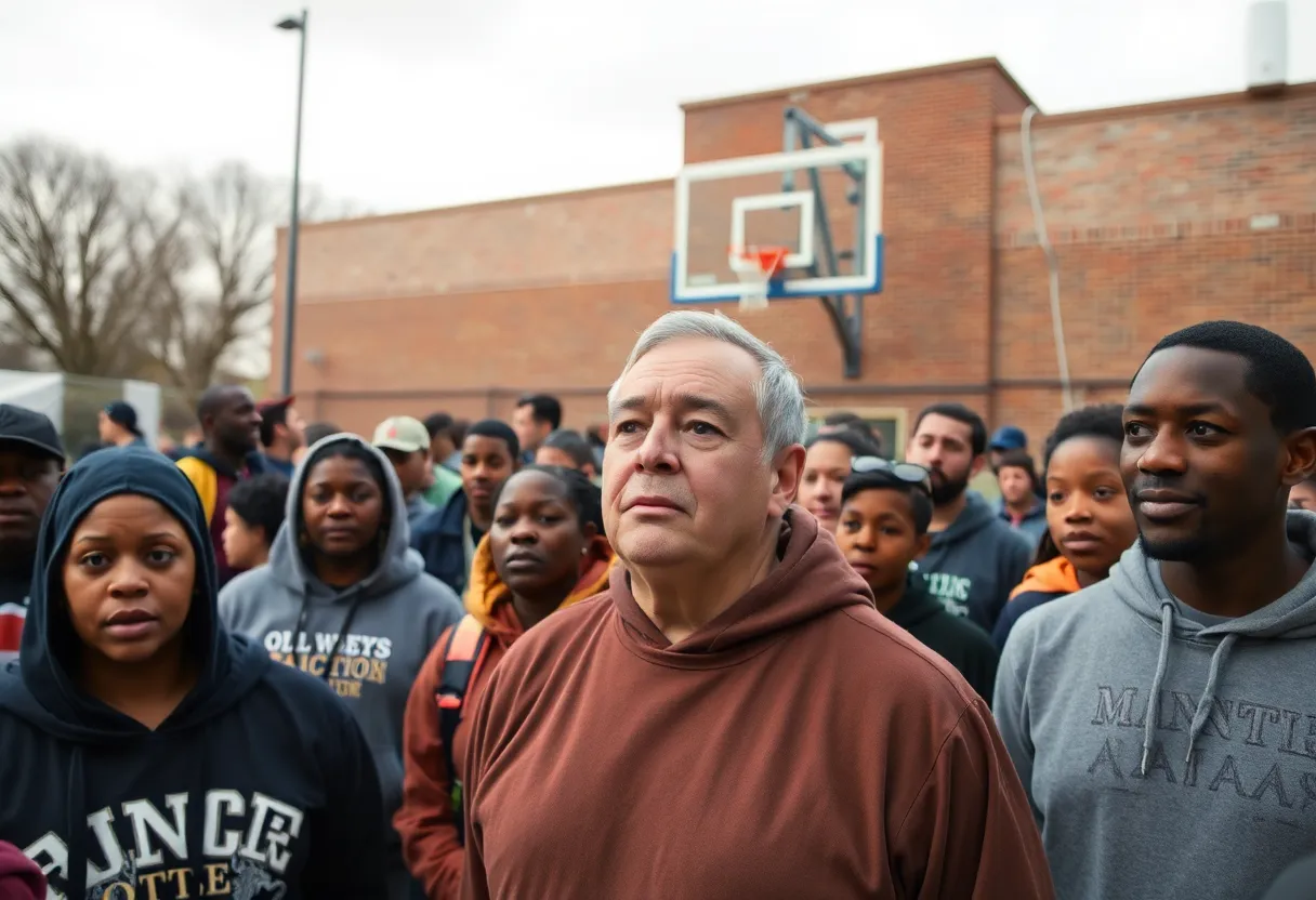 Community members outside a basketball court showing concern