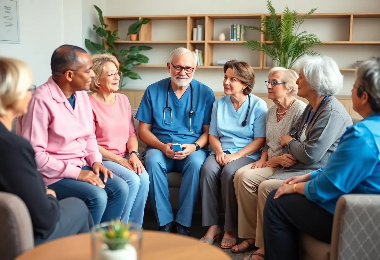 Diverse patients and healthcare professionals discussing clinical trials