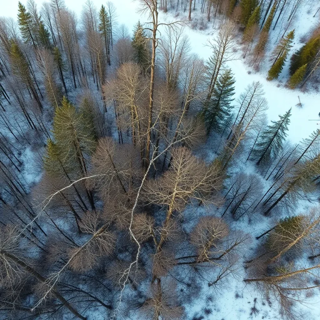 Aerial view of ice storm damage in Pigeon River Country State Forest