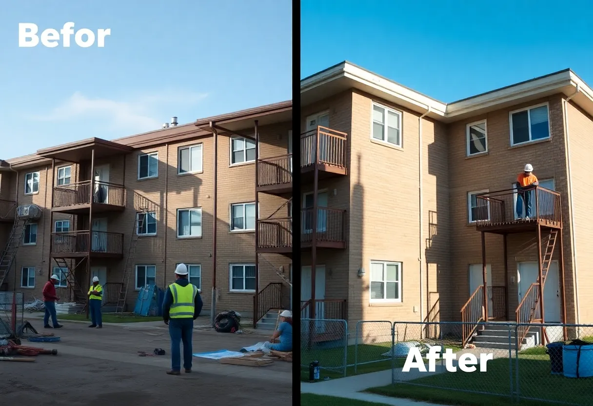 Construction work on renovated low-income housing units.