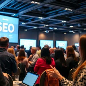 Engaged marketers discussing AI strategies at an SEO conference.