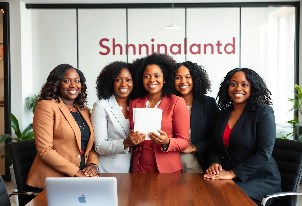 Three new leaders at Shondaland celebrating their promotions in a modern office.