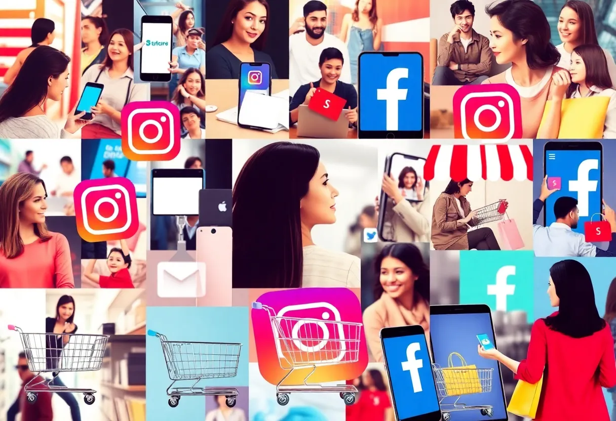 A collage representing social commerce with people using social media for shopping.