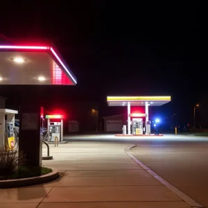 Police lights at a gas station after a violent incident