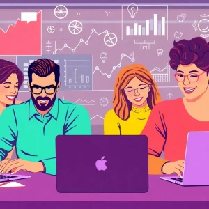 Diverse group of successful affiliate marketers working together on laptops