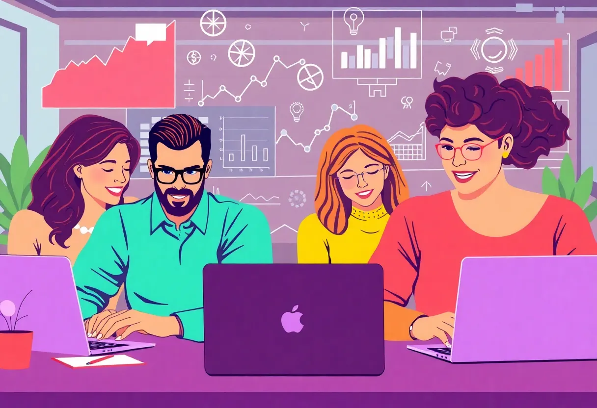Diverse group of successful affiliate marketers working together on laptops