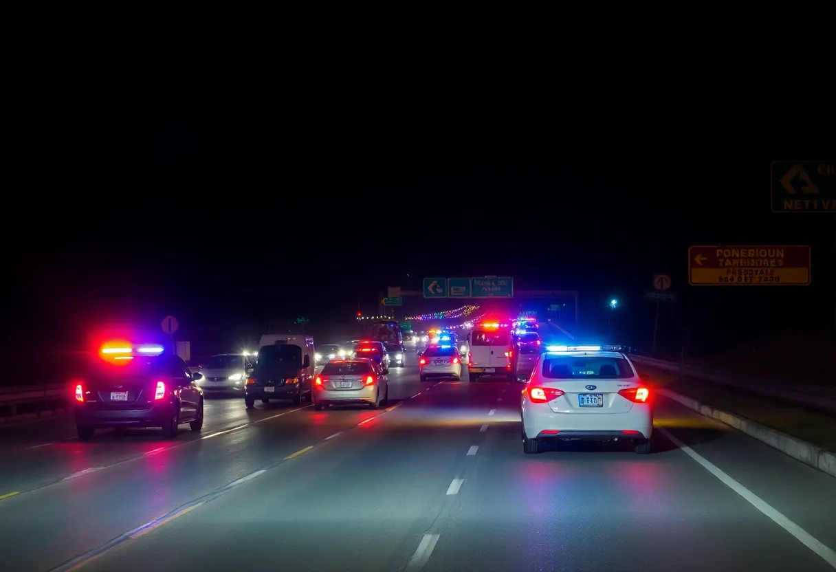 Police vehicles and emergency lights on Southfield Freeway after a pedestrian accident.