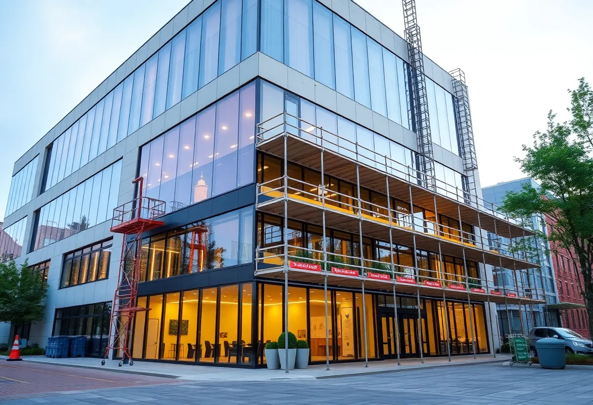 A renovated office building with construction activity and new tenants