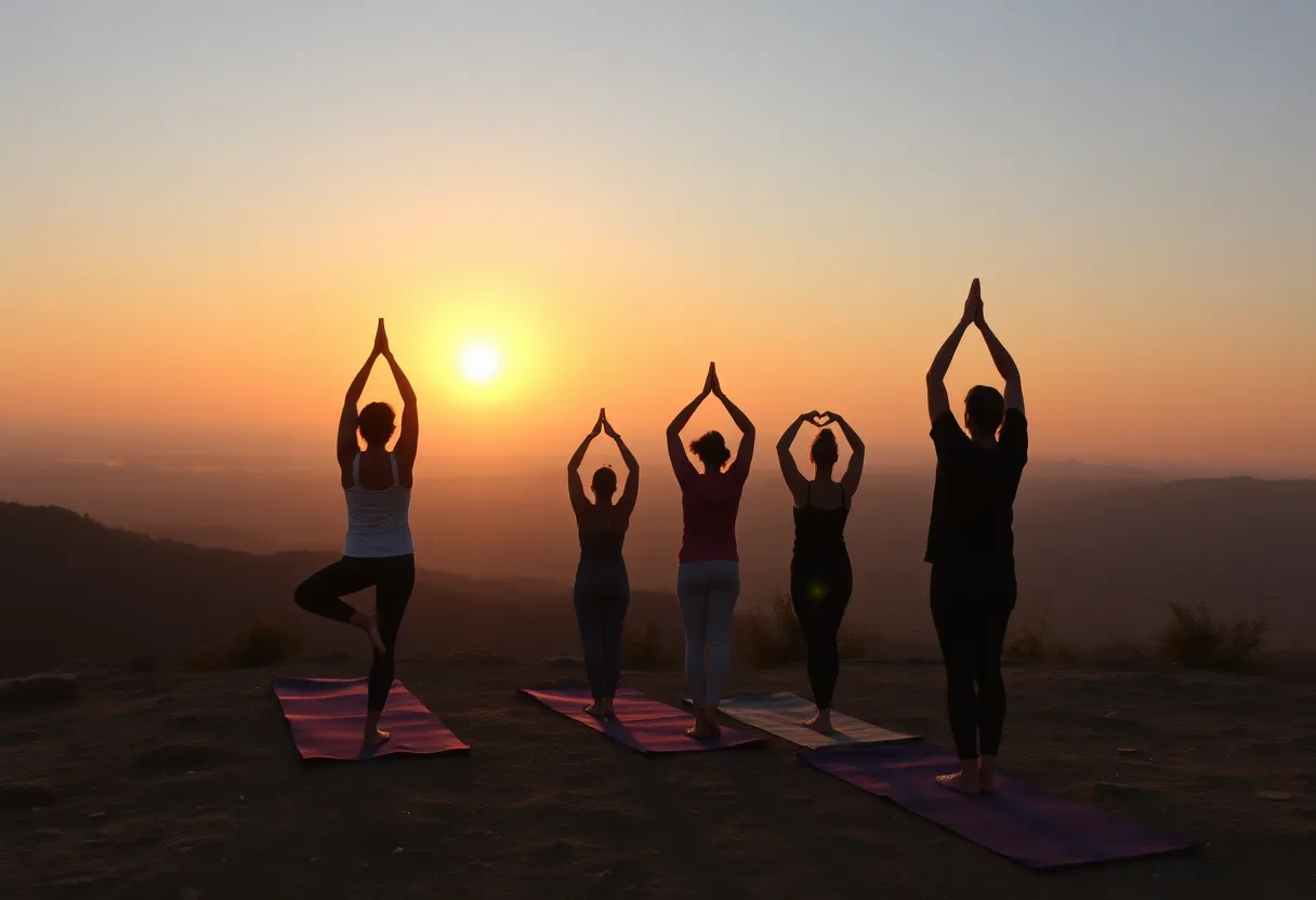Individuals practicing yoga at sunrise in a peaceful landscape